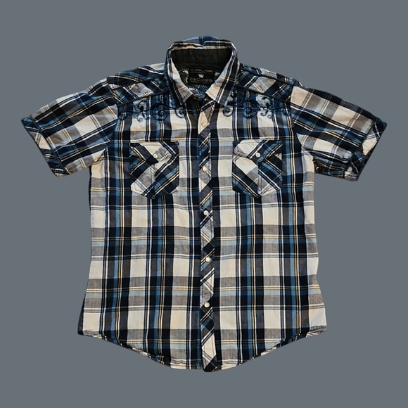 POP ICON CLOTHING y2k Plaid Embroidered Western Short Sleeve Snap Shirt - Picture 1 of 9